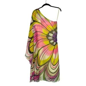 Milly Silk One Shoulder Dress Caftan Rainbow Swirl Floral Flowy Party NYE SZ 4